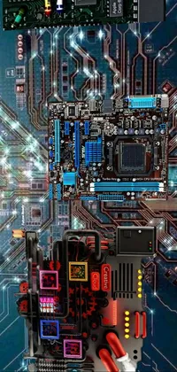 This live phone wallpaper showcases a digital rendering of the intricate details of a computer circuit board in a brown and cyan blue color scheme