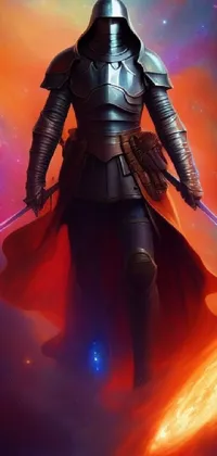 This live wallpaper showcases a stunning piece of fantasy artwork featuring a knight holding a sword