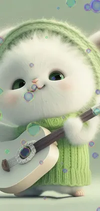 This phone live wallpaper showcases a cute and fluffy white cat donning a green hat and playing the guitar