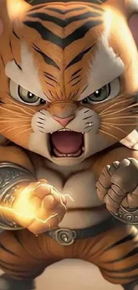 This live wallpaper features a fierce cartoon tiger in a fighter pose, with lightning emanating from its mouth