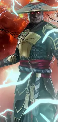 This dynamic live wallpaper for mobile phones features an armored warrior holding a glowing staff, with lightning in the background