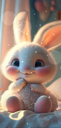 This phone live wallpaper features an adorable stuffed animal, an anthropomorphic bunny, in a cute cartoon style