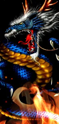 This mesmerizing phone live wallpaper showcases a detailed dragon in rich hues of blue, gold, and black, set against a black background