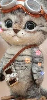 This delightful live wallpaper features a close-up of a small, furry cat wearing vibrant-colored shoes and holding a backpack and camera