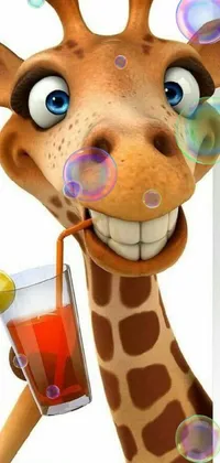 Looking for a fun and playful live wallpaper? Check out this delightful cartoon giraffe holding a glass of juice on a lush green field