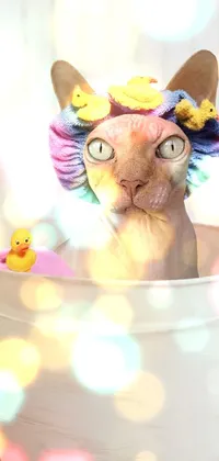 Looking for a stunning live wallpaper for your phone? Check out this gorgeous, whimsical design featuring a hairless cat sitting in a colorful bucket