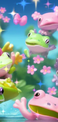 This phone live wallpaper features a playful and whimsical scene of colorful frogs peacefully floating on a serene pond