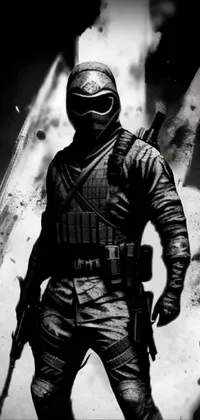 This dynamic phone live wallpaper showcases digital art of a soldier wearing stealth armor, set against a riot backdrop
