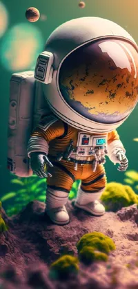 This live phone wallpaper is a mesmerizing digital artwork showcasing a vinyl toy figurine-carrying astronaut atop a luscious green field