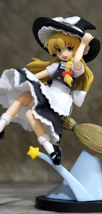 This phone live wallpaper features a charming and playful figurine of a girl on a broom