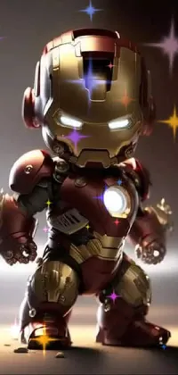 This live wallpaper features a cute chibi version of Iron Man in warm brown hues