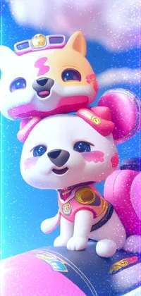 This phone live wallpaper showcases an adorable cartoon-style illustration of a toy corgi dog riding a motorcycle against the backdrop of fluffy pink anime clouds