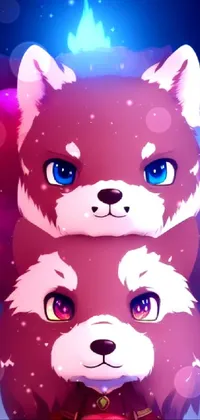 This phone live wallpaper showcases a digital painting of two cute furry animals sitting next to each other in deep space