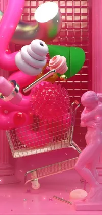 This unique live wallpaper features a playful 3D design with a bright pink flamingo sitting atop a shopping cart