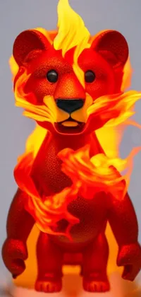 This phone live wallpaper showcases an intricate concept art of a fire lion toy on a wooden table