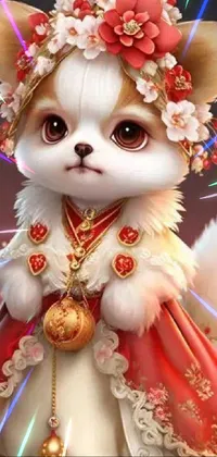 This live wallpaper showcases an intricate figurine of a furry cat wearing a beautiful red and white dress