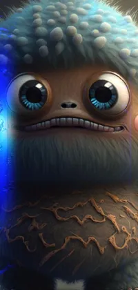 Enjoy the cuteness overload with this phone live wallpaper featuring a blue-eyed, furry creature with a wide, toothy grin