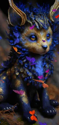 This phone live wallpaper displays a strikingly-detailed anthropomorphic cat figurine set against a vibrant background of ultramarine blue and golden hues