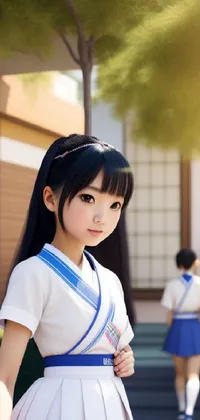 This stunning live wallpaper features a 3D-rendered girl in a school uniform walking in a Japanese village, with cherry blossom trees and traditional buildings in the background