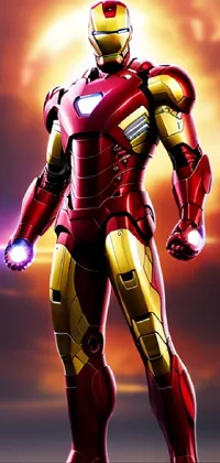 Looking for a stunning live wallpaper for your phone? Check out this awesome cartoon Iron Man design! The full-body hero stands in front of a gorgeous sunset, with bold colors and a cinematic lighting style