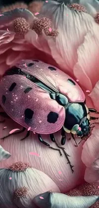 This stunning phone live wallpaper features a beautiful ladybug resting on a pink flower with photorealistic detail