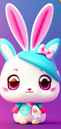 Adorn your phone with a charming live wallpaper of a white bunny with pink ears and a blue hat