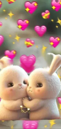 This phone live wallpaper showcases two adorable rabbits sitting next to each other in a romantic and picture-perfect scene