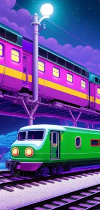 Looking for a unique live wallpaper for your phone? Check out this digital painting featuring a green and purple train traveling down train tracks