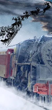 This phone live wallpaper features a fantastical scene depicting a vintage train in the snow on a Christmas night