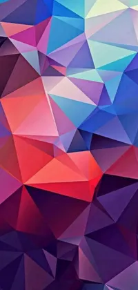 This phone live wallpaper features a colorful abstract background with various triangles filled with shades of blue, red, and pink on a crisp white canvas
