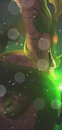 This phone live wallpaper features a stunning closeup of a captivating green-eyed dragon emitting a mystical green light