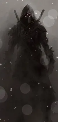This phone live wallpaper depicts a mysterious warrior standing amidst thick fog, holding two swords