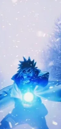 Looking for a striking phone wallpaper with a winter theme? This live wallpaper depicts a powerful figure standing amidst snow with blue rays of light and mana shooting from his hands