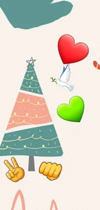 Looking for a beautiful phone live wallpaper for your iPhone? Check out this festive scene showcasing a cartoon Christmas tree, surrounded by flying trees and park items with a peace sign symbol in the center