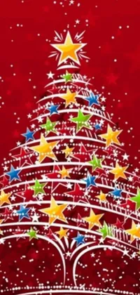 The Christmas tree live wallpaper features a stunning display of a starry pine-shaped decoration on a vivid red background, crafted specifically for iPhones