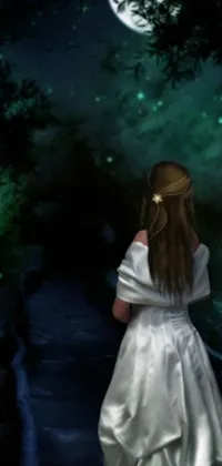 Get lost in a mesmerizing digital painting with this live wallpaper featuring a woman in a white dress walking down a dark path