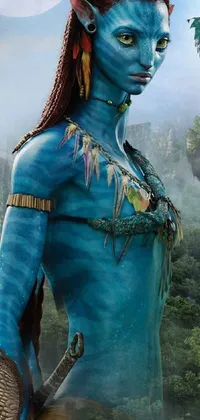 This live wallpaper features an image of a woman covered in blue body paint, holding a sword, standing in a lush jungle