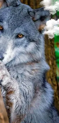 Looking for an eye-catching phone live wallpaper? Feast your eyes on this stunning grey wolf portrait, crouching and peering out behind a tree