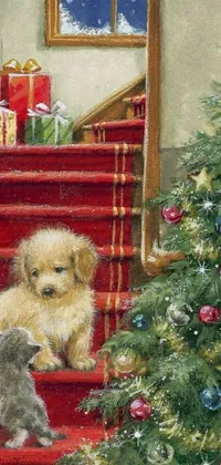 This phone live wallpaper showcases a charming painting of a dog and a cat standing in front of a festive Christmas tree