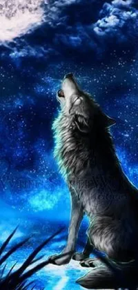 This phone live wallpaper features a howling wolf in front of a full moon and a starry sky, with an airbrushed painting style