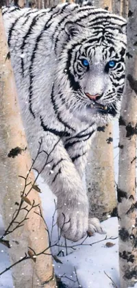 This live phone wallpaper features a realistic painting of a white tiger set against a snowy forest backdrop