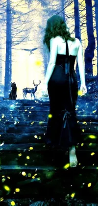 This phone live wallpaper features a captivating scene of a woman descending a forest staircase in a dark long dress