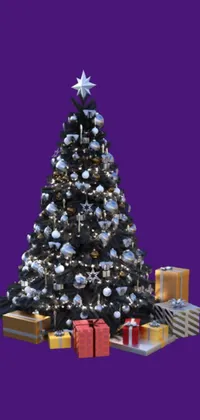 This live phone wallpaper features a beautiful and festive Christmas tree surrounded by exquisitely wrapped gifts against a deep purple background