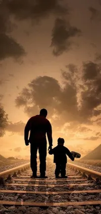This heartwarming phone live wallpaper features a picturesque scene of a man and child walking along a train track