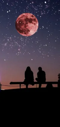 This live wallpaper depicts a breathtaking scene of two individuals sitting on a bench under a full moon