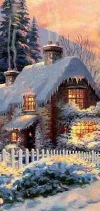 This live phone wallpaper depicts a highly-detailed painting of a winter house scene
