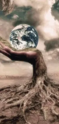 This phone live wallpaper features a stunning image of a person holding the earth in their hands, with a root system in the background, designed to symbolize the responsibility of humans in sustaining our planet