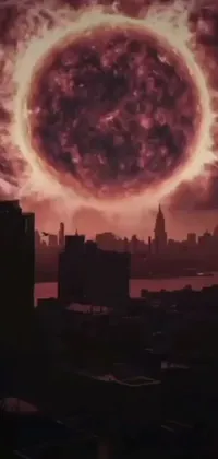 This live wallpaper portrays a city during sunset with a bright sun and reddish toned blood moon rising in the background