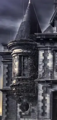 This phone live wallpaper features a black and white photo of a haunting gothic castle, set within an old house