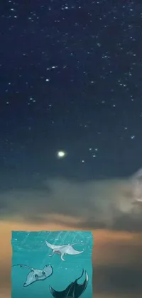 This enchanting live phone wallpaper showcases a soaring manta ray flying through a mesmerizing starry sky beneath dark clouds during a thunderstorm